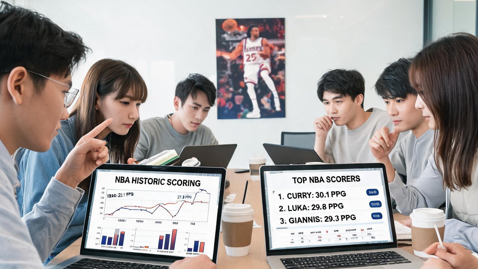 一群年轻的篮球数据分析师围坐在电脑前，讨论NBA得分图表和历史数据