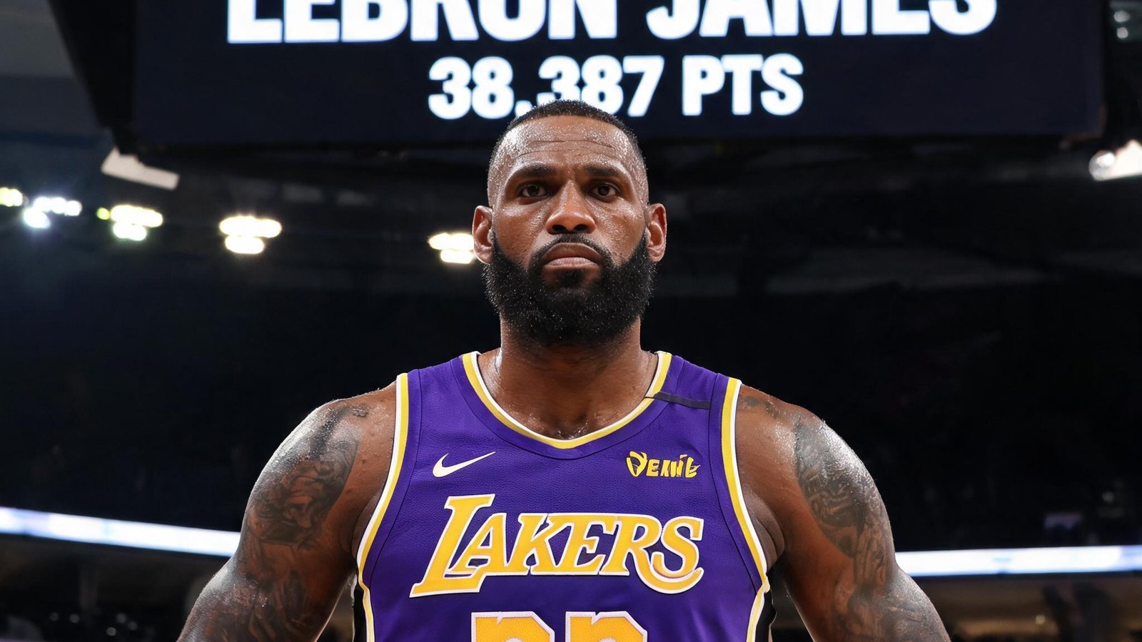 勒布朗·詹姆斯手握篮球，眼神专注，背景是NBA总得分榜第一的电子屏